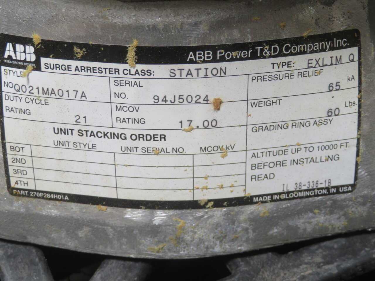 ABB Q021MA017A Solid State Intermediate Class Surge Arrester T272023 - SURGE SUPPRESSOR