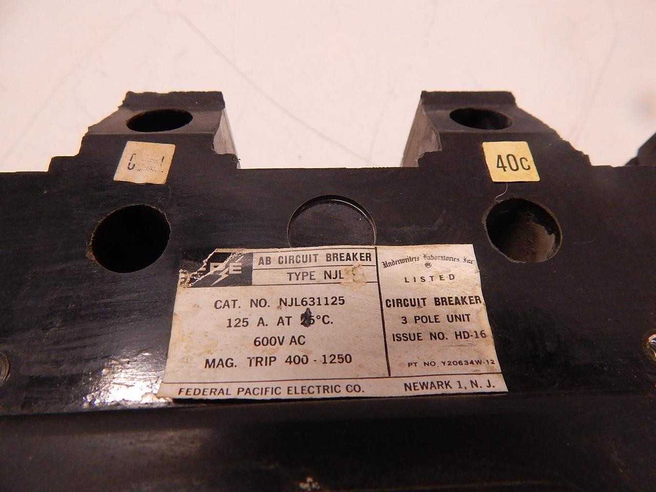FPE NJL NJL631125 AB CIRCUIT BREAKER 125 A 600 V AC 3 POLE T81401 - CIRCUIT BREAKERS