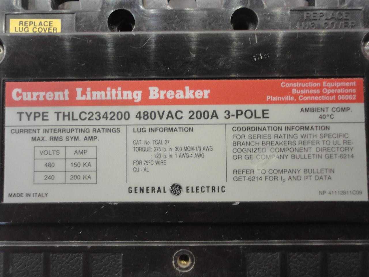 GE THLC234200 MOLDED CASE CIRCUIT BREAKER 3 POLE 200A 480VAC T20681 - MISCELLANEOUS