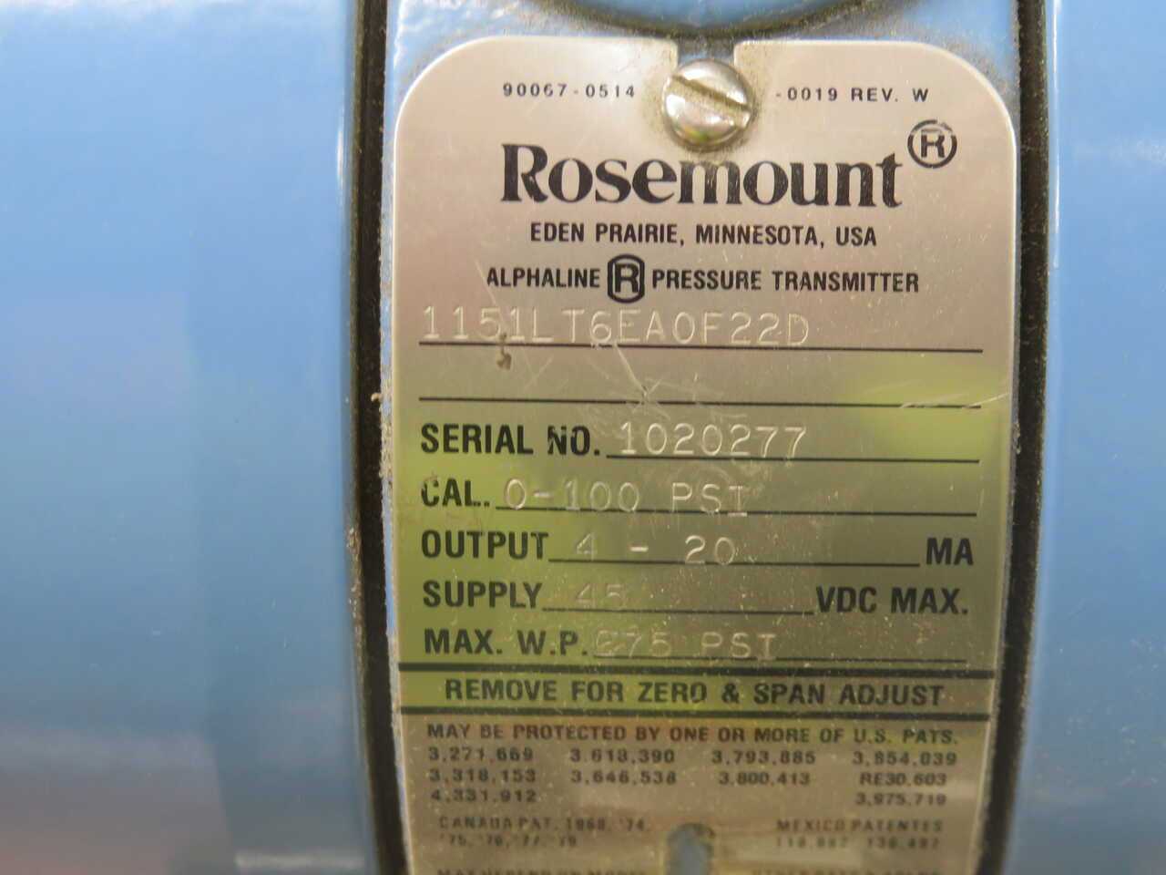 ROSEMOUNT 1151LT6EA0F22D PRESSURE TRANSMITTER T269883 - PRESSURE TRANSMITTER