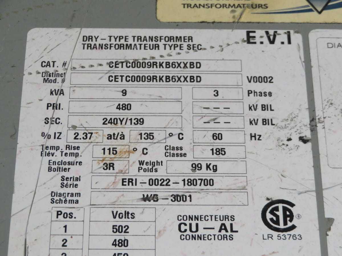 EVI CETC0009RKB6XXXBD TRANSFORMER 9 KVA 3 PH 480 PRI 280/139 T198483 - MACHINING ACCESSORIES & TOOLING
