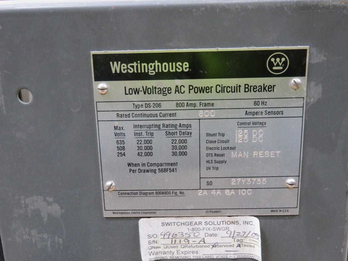 WESTINGHOUSE DS-206 LOW-VOLTAGE AC POWER CIRCUIT BREAKER T210341 - CIRCUIT BREAKERS