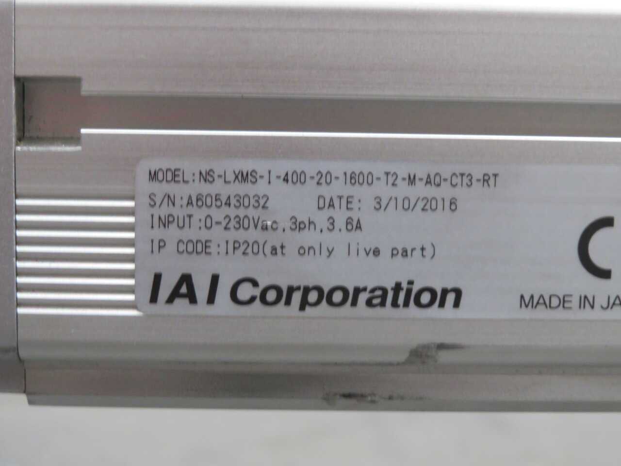 IAI NS-LXMS-I-400-20-1600-T2-M-AQ-CT3-RT LINEAR ACTUATOR 400W 1600MM STROKE - SERVO MOTORS