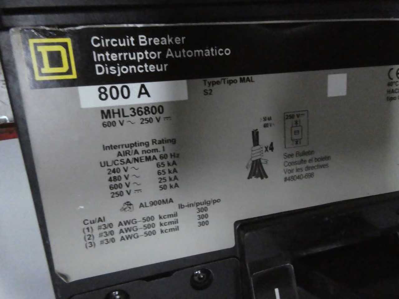 SKU 1787566 - LOT OF 1 SQUARE D MHL36800 3P 800A AMP 600V-AC MOLDED CASE CIRCUIT BREAKER - CIRCUIT BREAKERS