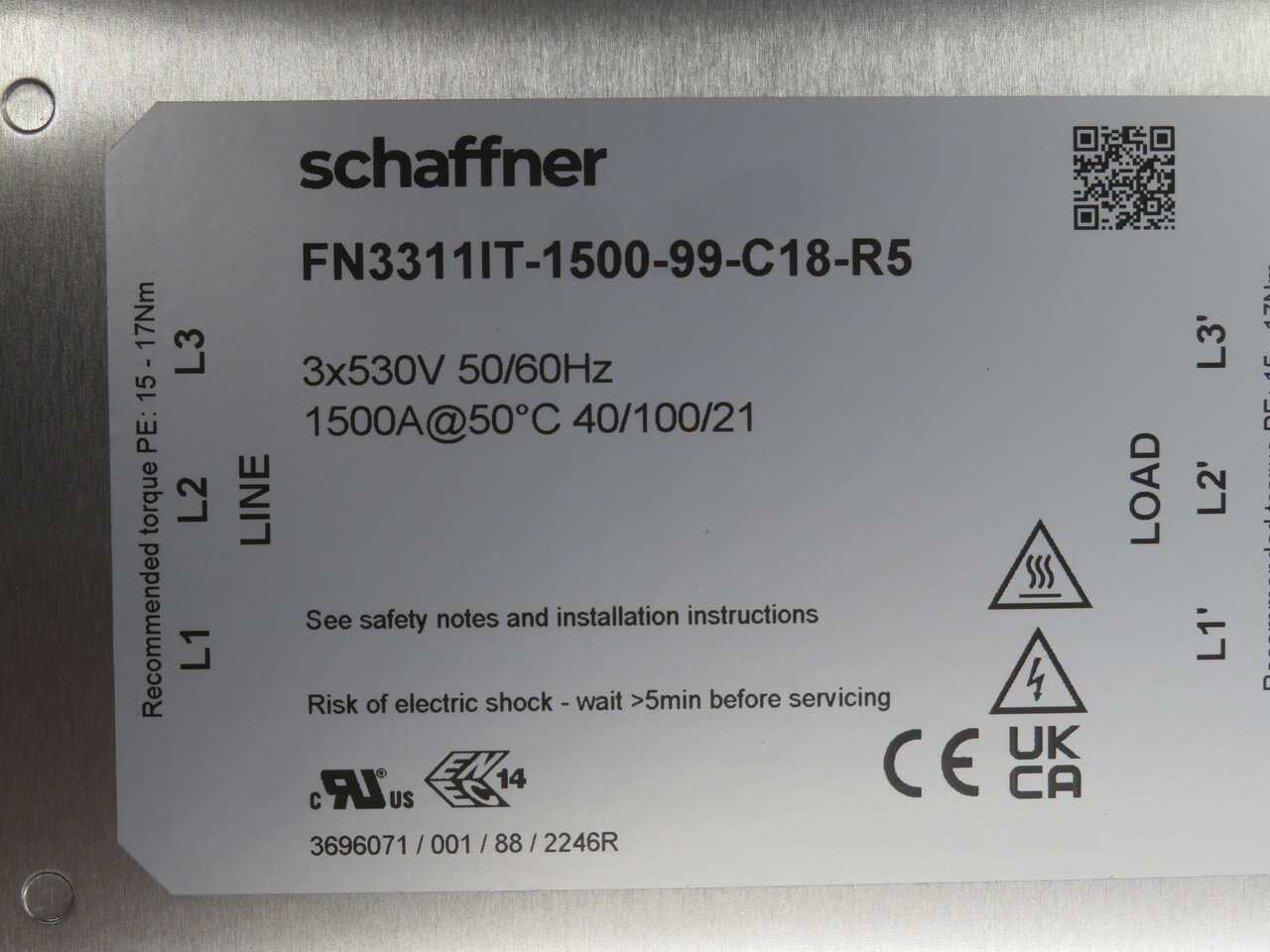 SCHAFFNER FN3311IT-1500-99-C18-R5 3-PHASE COMPACT POWER LINE EMC/RFI FILTER, 1500A CLASS, QUICK-CONN - LINE FILTERS