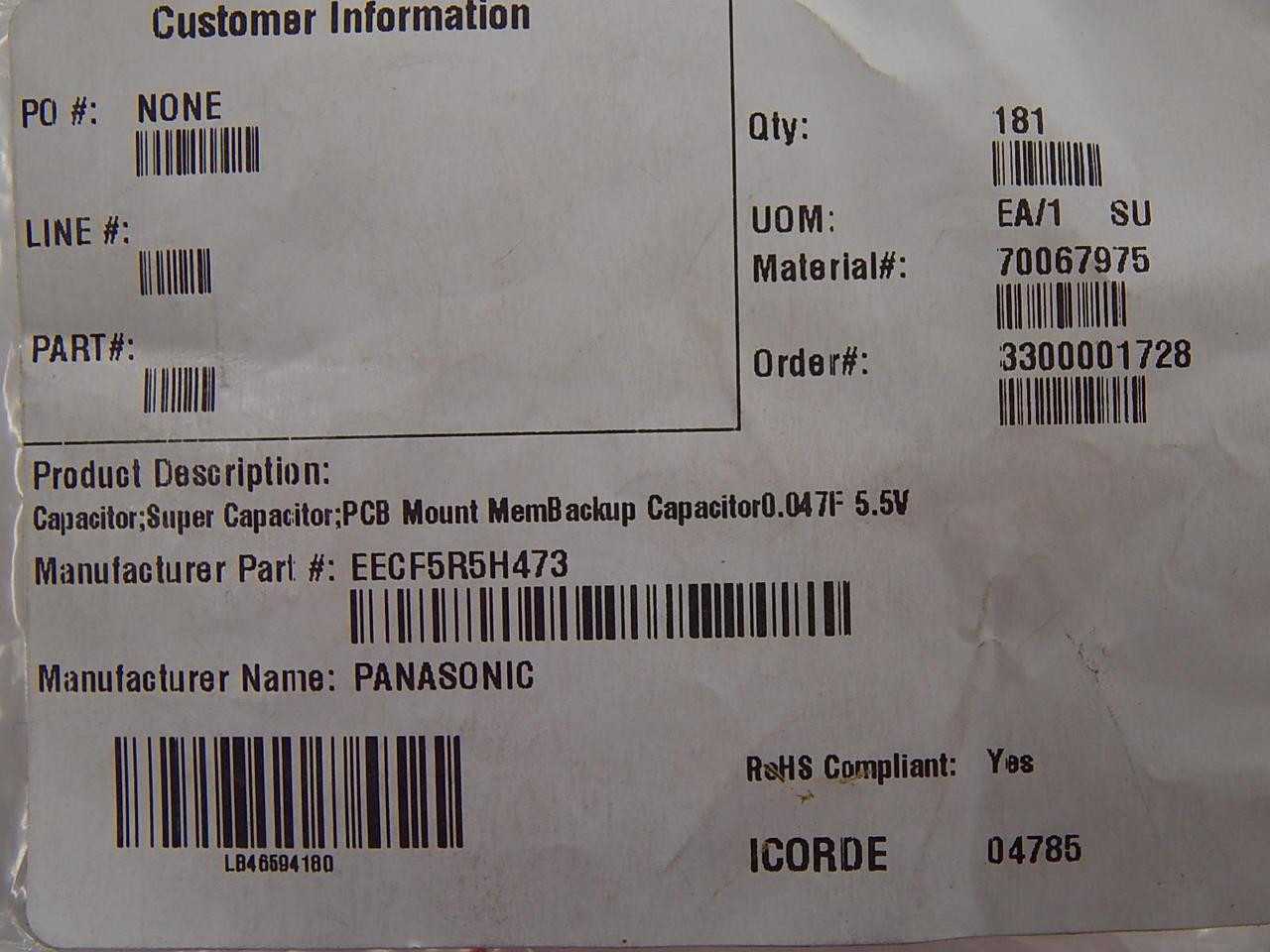 LOT OF 175 PANASONIC EECF5R5H473 SUPERCAPACITORS / ULTRACAPACITORS .047 F 5.5 V T88432 - ELECTRICAL COMPONENTS