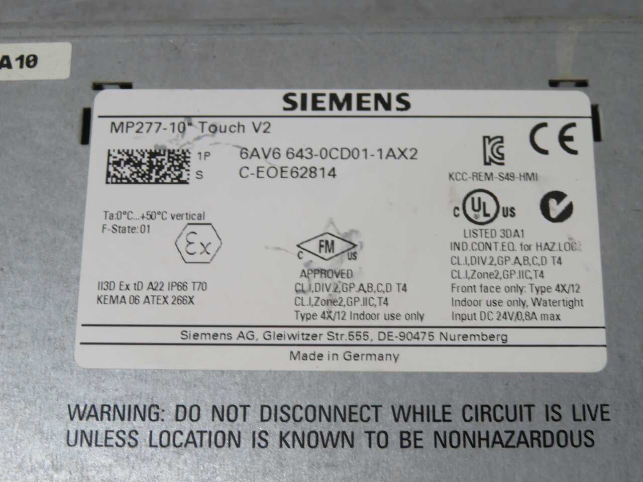 Siemens 6AV6 643-0CD01-1AX2 Operator Interface Panel - HMIS & DISPLAYS