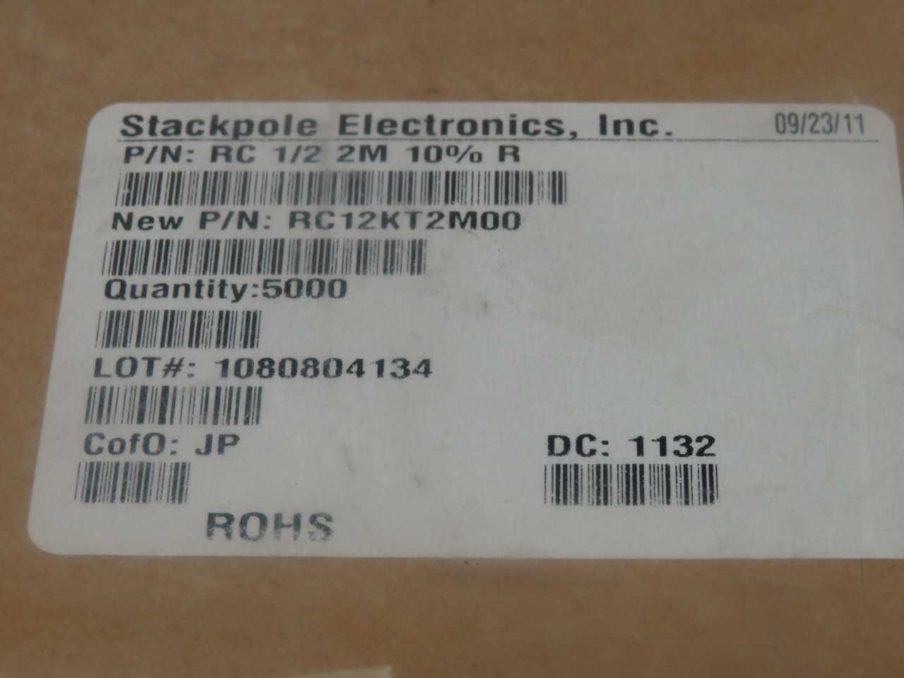 LOT OF 5000 STACKPOLE ELECTRONICS RC 1/2 2M 10% R RC12KT2M00 2 MOHMS ±10% 0.5W 1/2W THROUGH HOLE RES - ELECTRICAL COMPONENTS