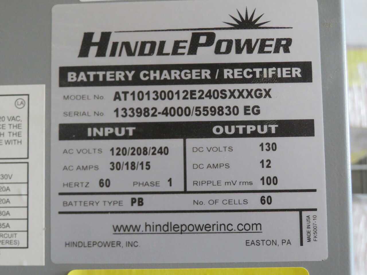 HINDLE POWER AT10130012E240SXXXGX BATTERY CHARGER T272323 - BATTERY CHARGERS