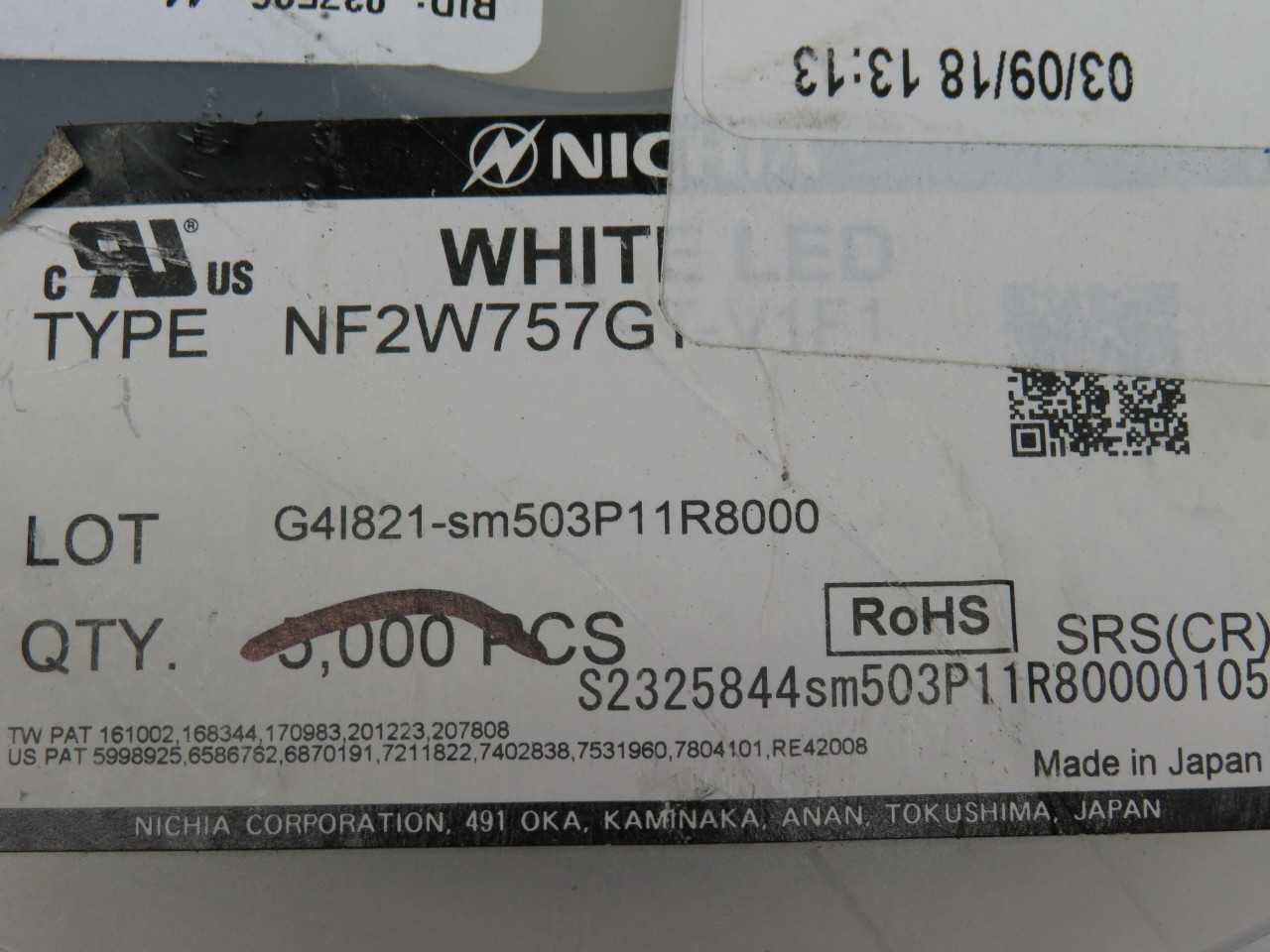 LOT OF 3600 NICHIA FLX-001-0640 NF2W757GT-V1F MID POWER WHITE LED CHIP WITH DATA SHEET T171461 - LIGHTING