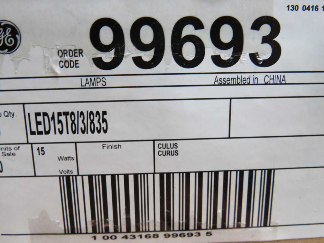 LOT OF 540 GE 99693 LED15T8/3/835
T8 13 WATT LED STRAIGHT TUBE 36 INCH MEDIUM BI-PIN (G13) 3500K RE - LIGHTING