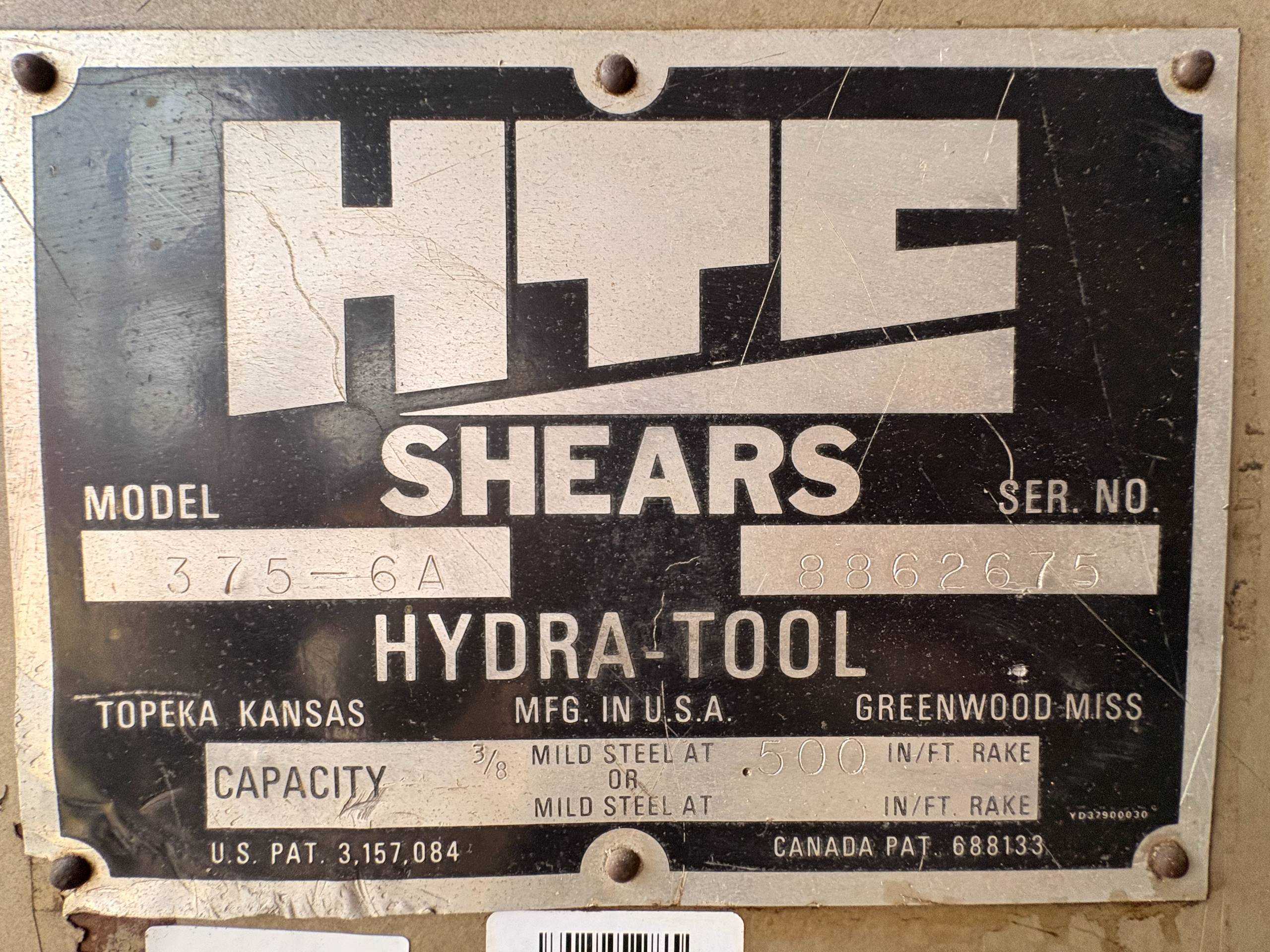 HTC MODEL 375-6A HYDRAULIC METAL SHEAR, 6FT X 3/8 INCH CAPACITY - METAL SHEARS
