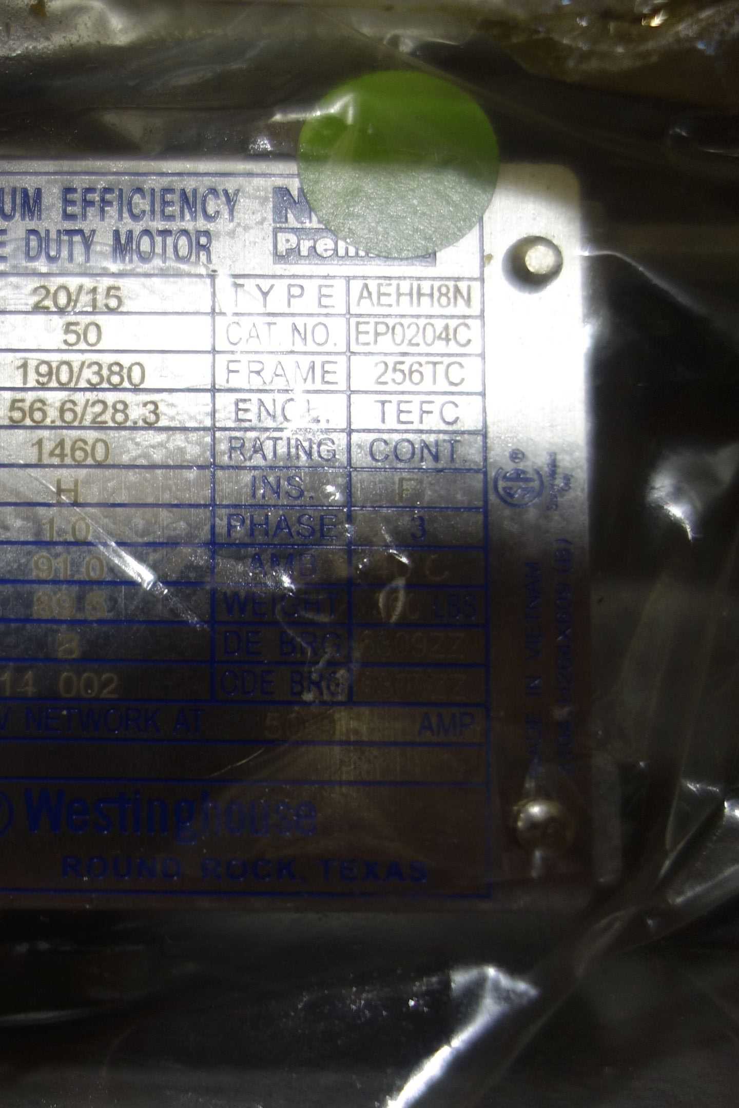Telco Westinghouse Motor 20 HP Three Phase 256TC 1760 RPM 460 V AC - AC MOTOR