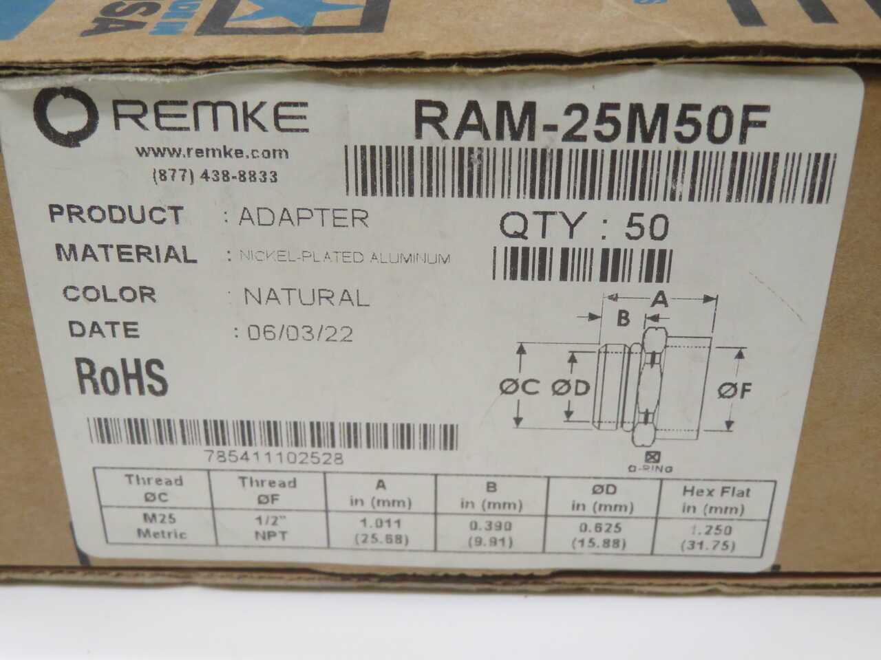 LOT OF 200 REMKE RAM-25M50F THEADED ADAPTERS T272060 - PIPE ADAPTER