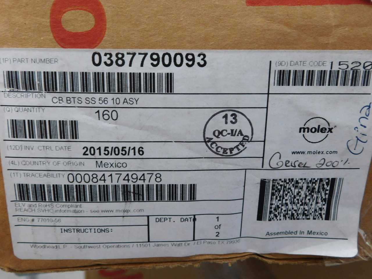 LOT OF 150 MOLEX 77010-56 0387790093 ELV AND ROHS COMPLIANT T138615 - TERMINAL BLOCKS