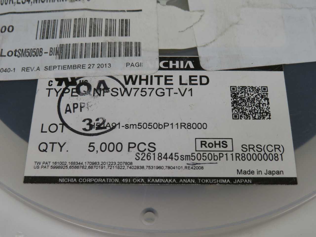 LOT OF 4800 NICHIA FLX-001-0647 NFSW757GT-V1 MID POWER WHITE LED CHIP WITH DATA SHEET T171470 - LIGHTING