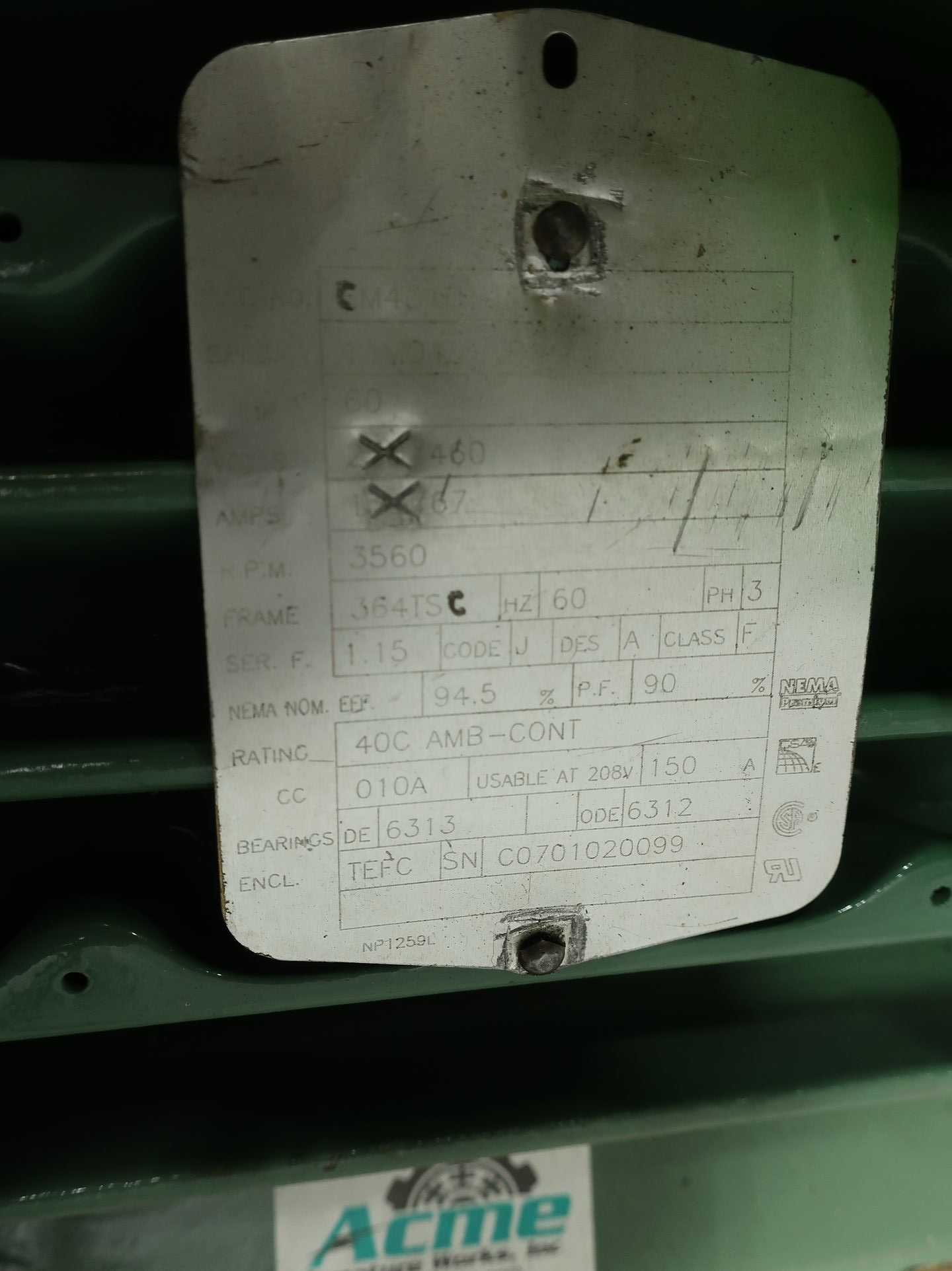 ACME/Baldor Reliance Motor 60 HP Three Phase 364TSC 3560 RPM 460 V AC - AC MOTOR