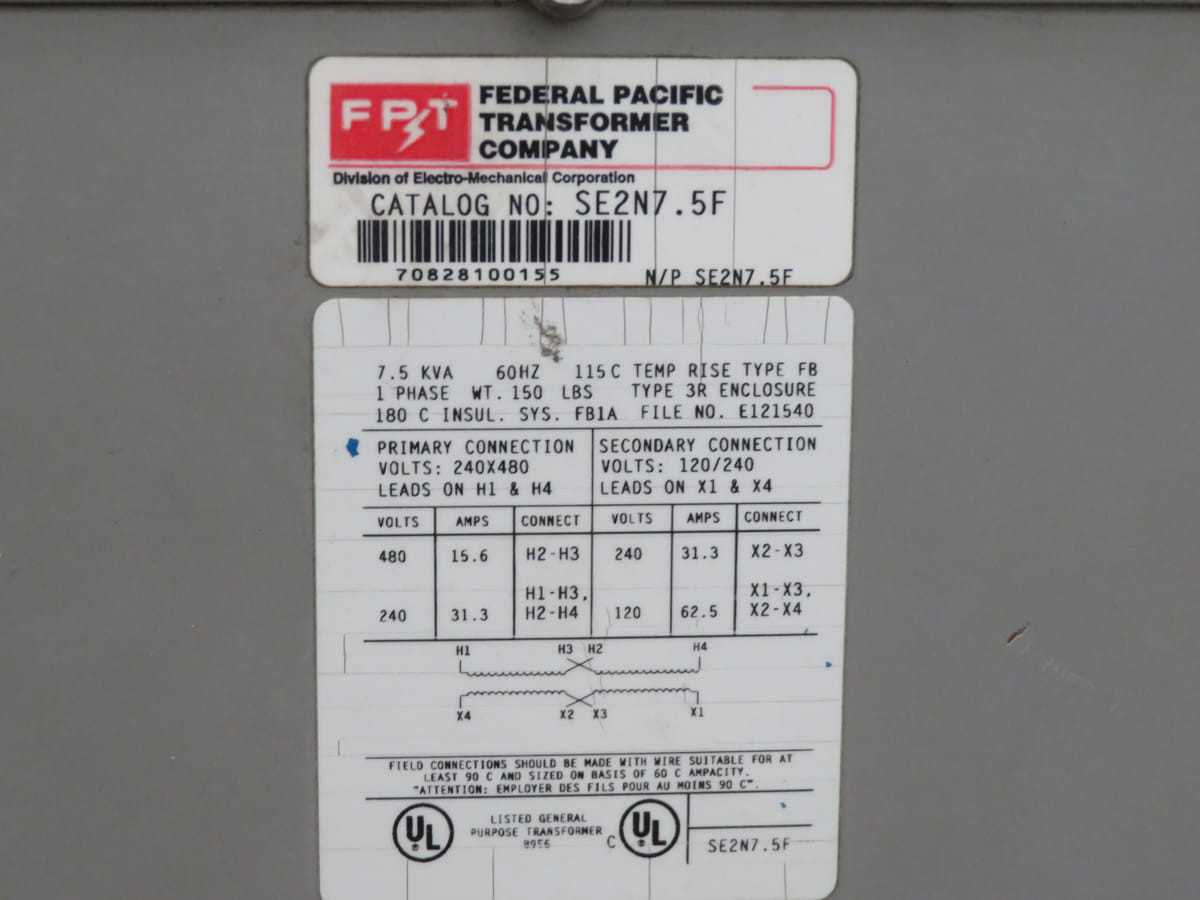 FEDERAL PACIFIC SE2N7.5F SINGLE PHASE TRANSFORMER 5 KVA T198388 - DRY TRANSFORMERS