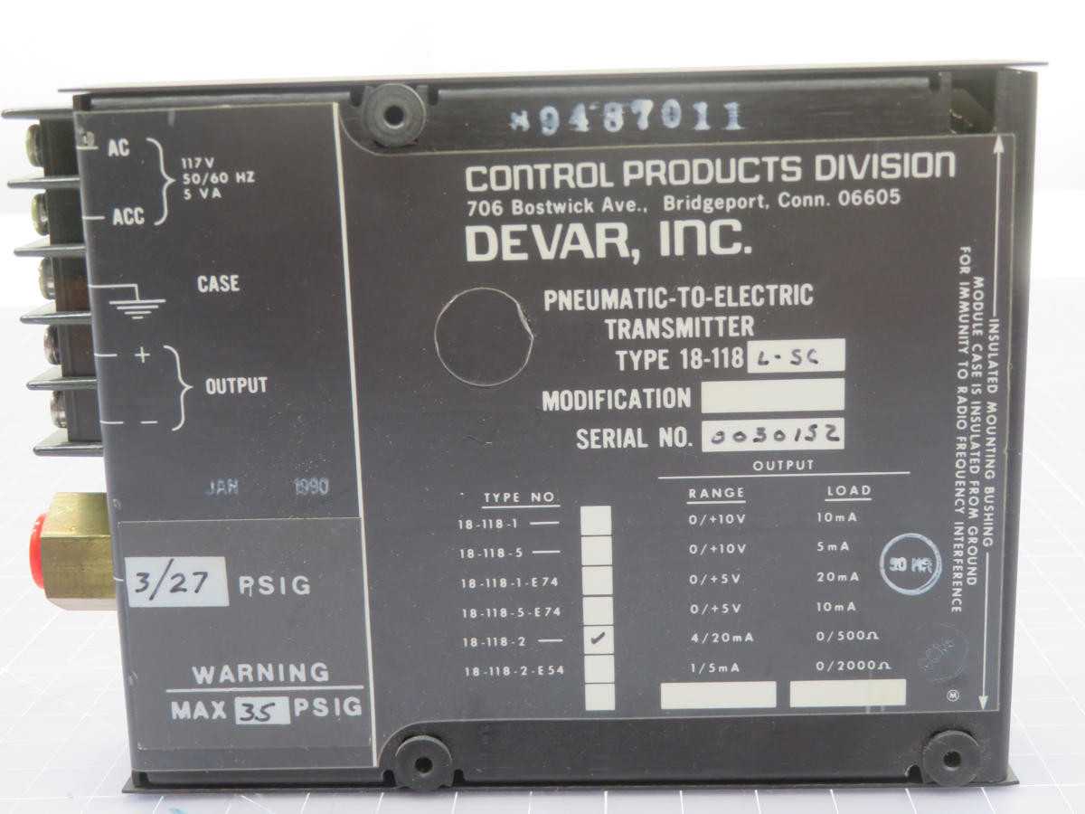 DEVAR 18-118L-SC PNEUMATIC TO ELECTRIC TRANSMITTER T213374 - PRESSURE TRANSMITTER