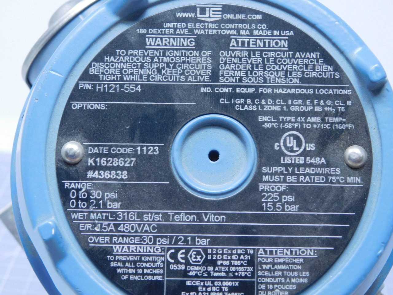 UNITED ELECTRIC H121-554 PRESSURE SWITCH T142588 - SWITCHES
