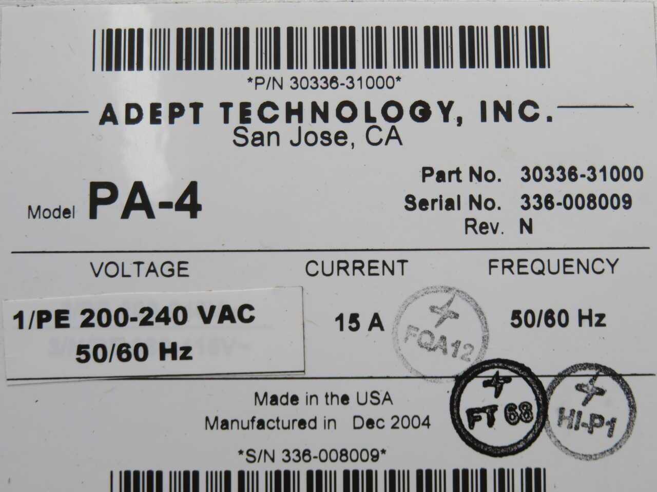 ADEPT PA-4 30336-31000 POWER SUPPLY RACK T270651 - PLC MODULES