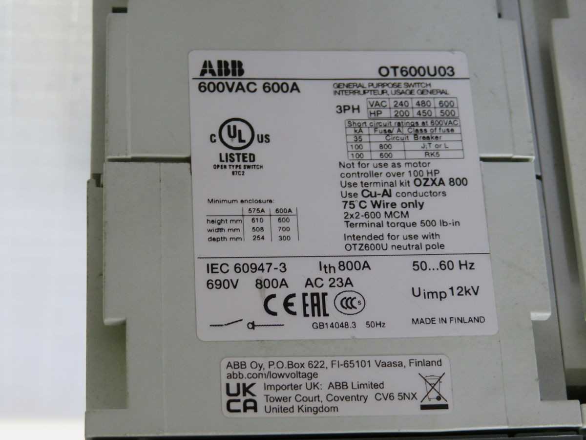 ABB OT600U03 GENERAL PURPOSE ISOLATING SWITCH T255831 - DISCONNECT SWITCHES