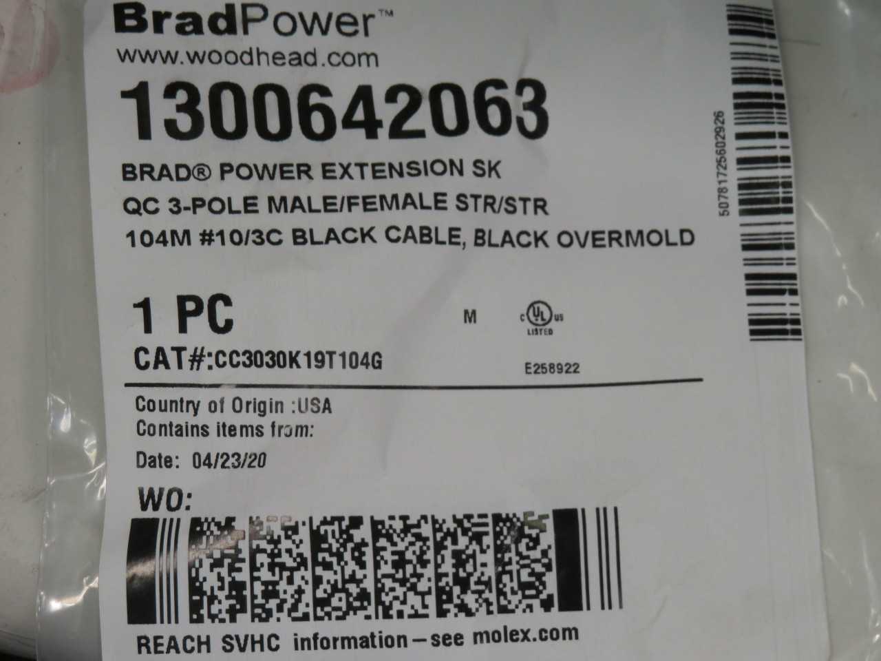 BRAD POWER 1300642063 CC3030K19T104G EXTENSION SK QC 3-POLE MALE/FEMALE STR/STR 104M 10/3C BLACK CAB - SERVO DRIVES