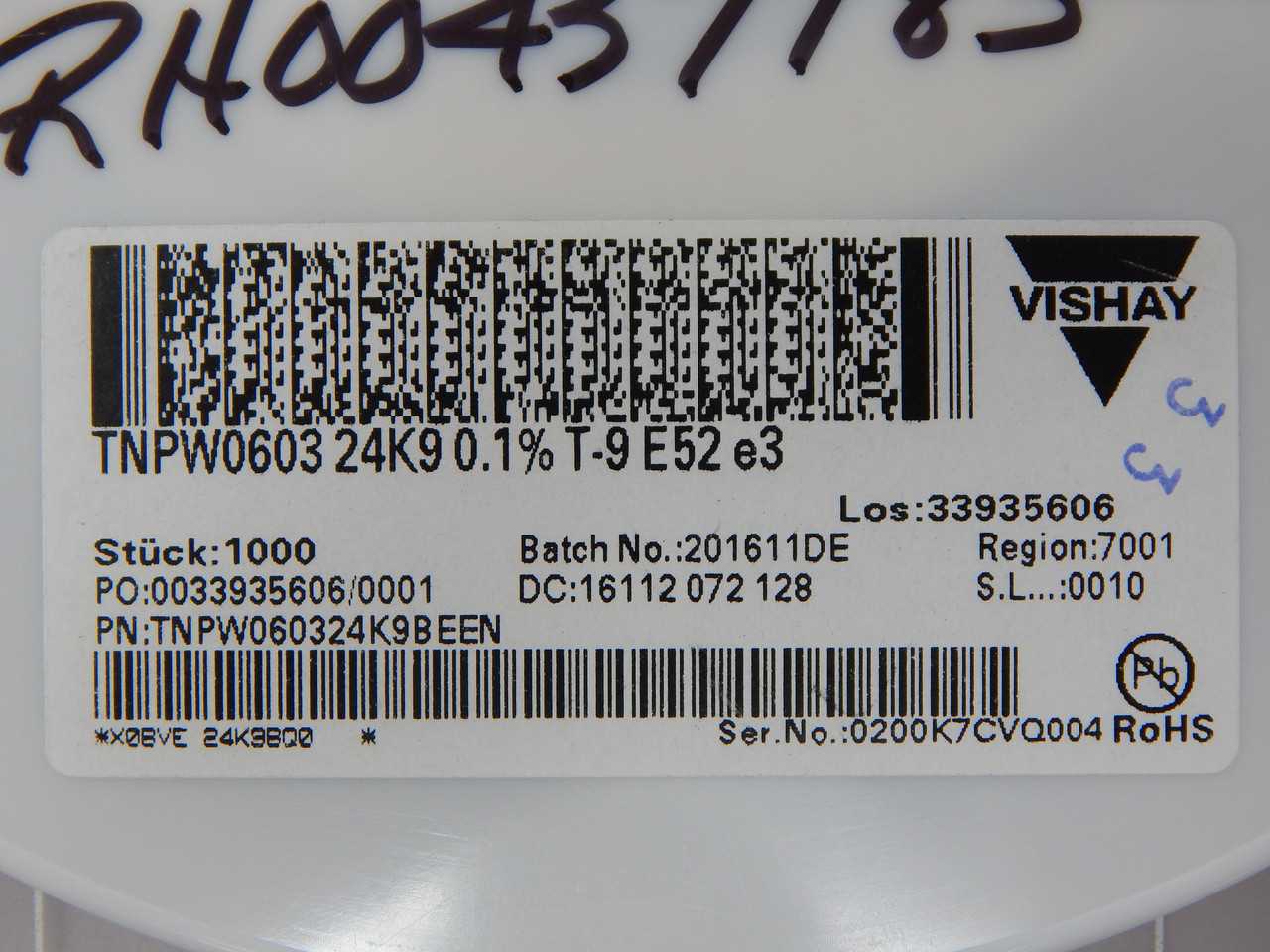 LOT OF 1000 VISHAY TNPW060324K9BEEN THIN FILM RESISTORS T136128 - ELECTRICAL COMPONENTS