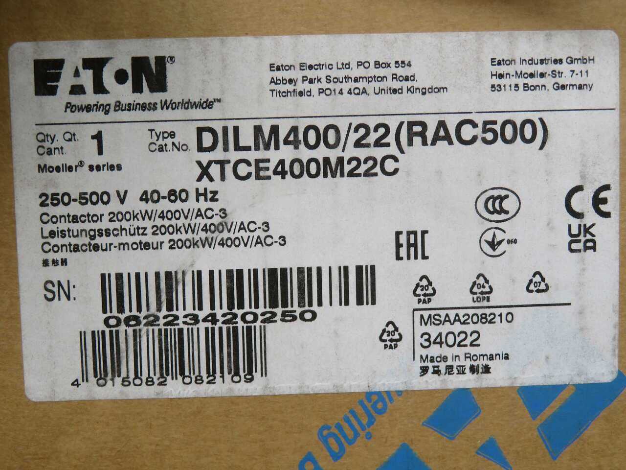 EATON DILM400/22(RAC500) 400A DIN-RAIL CONTACTOR WITH WIDE-RANGE AC COIL - CONTACTORS