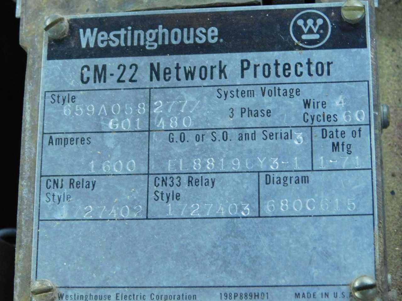 WESTINGHOUSE CM-22 AUTOMATIC NETWORK PROTECTOR 1600 AMP 277/480 3 PH T148051 - PROTECTION RELAY