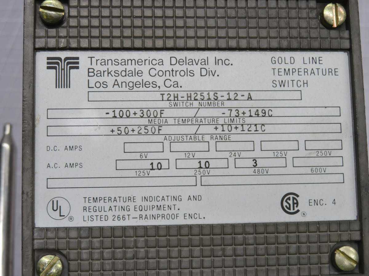 Transamerica Delaval T2H-H251S-12-A Temperature Switch T234236 - SWITCHES