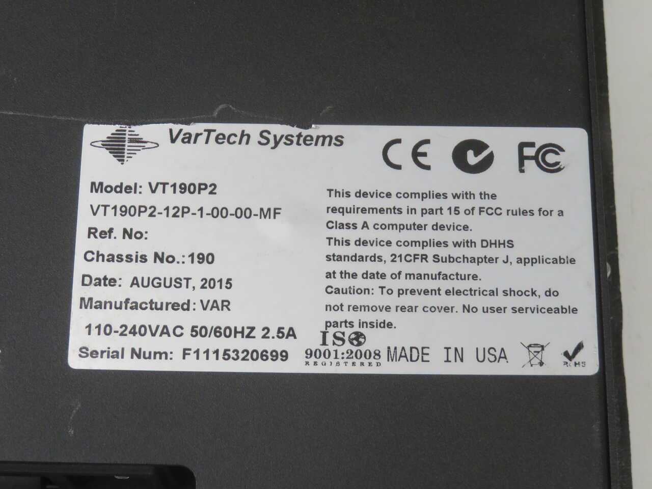 VARTECH VT190P2 VT190P2-12P-1-00-00-MF OPERATOR INTERFACE LCD DISPLAY - OPERATOR CONTROLS