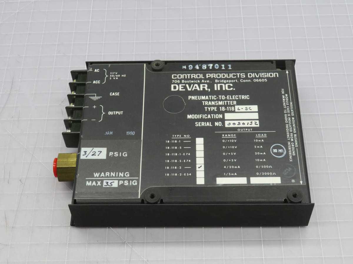 DEVAR 18-118L-SC PNEUMATIC TO ELECTRIC TRANSMITTER T213374 - PRESSURE TRANSMITTER