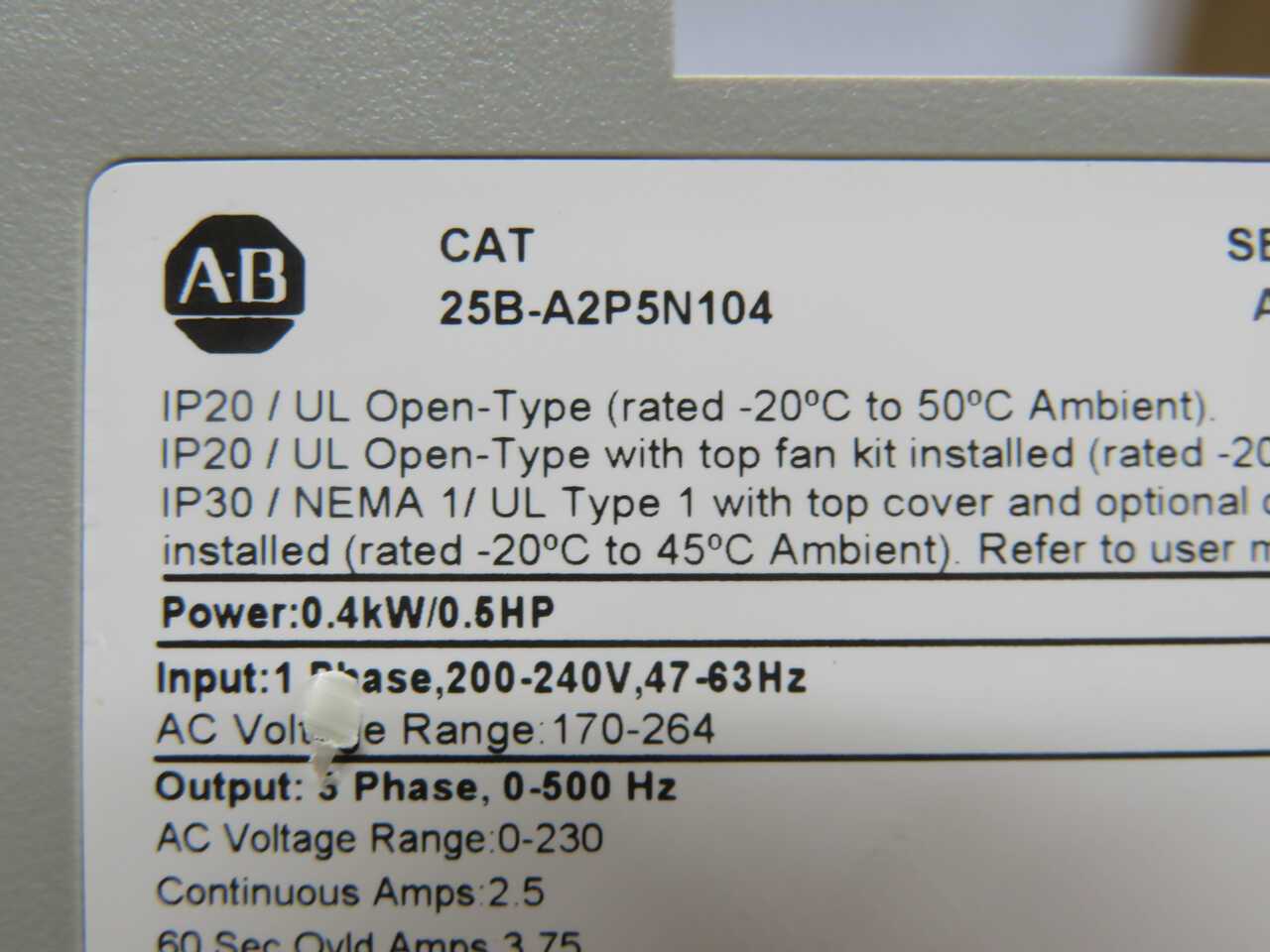 ALLEN BRADLEY 25B-A2P5N104 AC DRIVE T269723 - AC VFD DRIVES