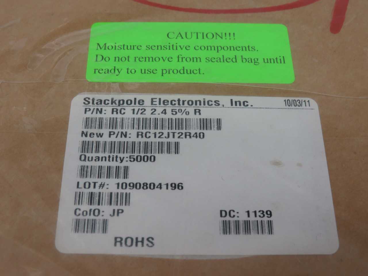 Lot Of 5000 Stackpole Electronics RC12JT2R40 1/2W 5% Through Hole Resistors - ELECTRICAL COMPONENTS