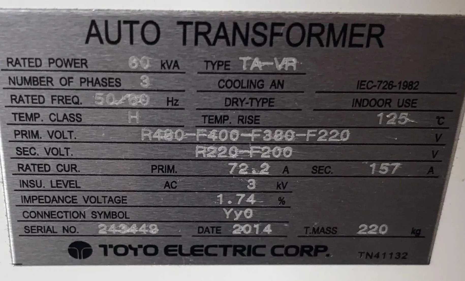 2014 TOYO TA-VR 3 PHASE TRANSFORMER 60 KVA 480-400-380-220V 220-200V - DRY TRANSFORMERS