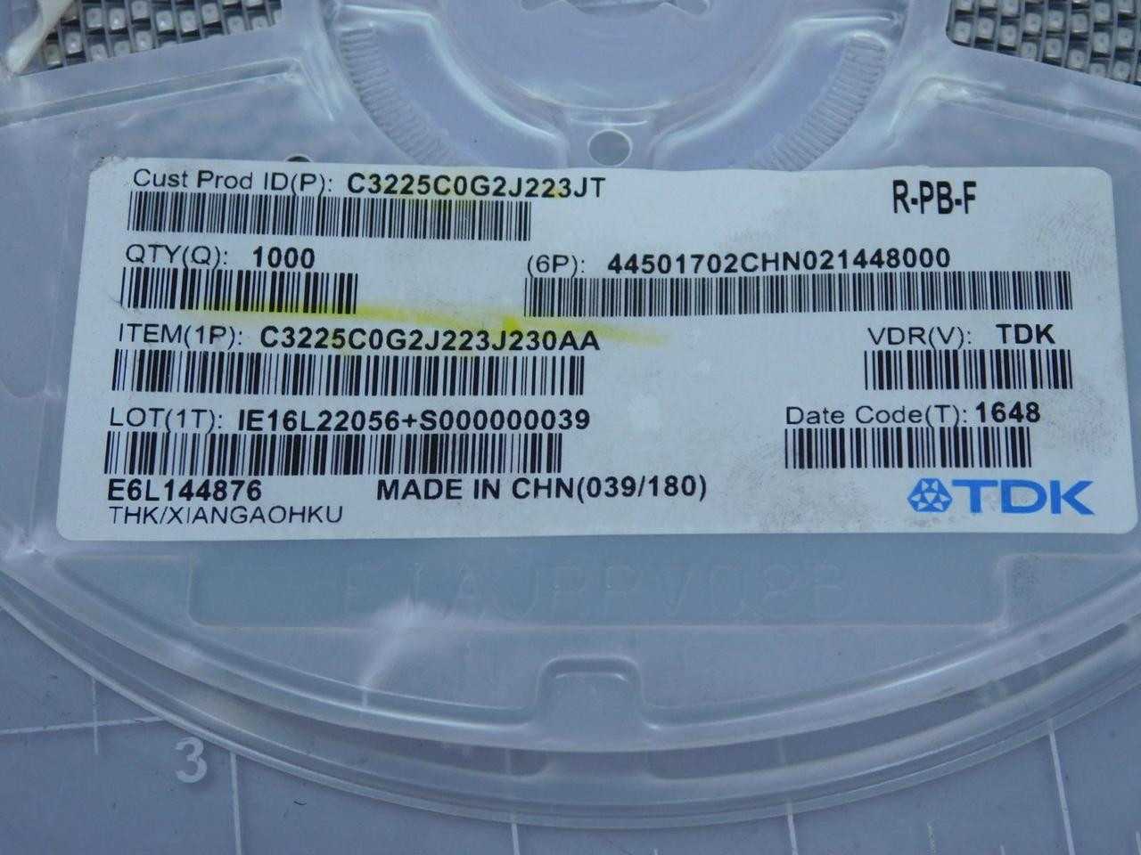 LOT OF 750 TDK C3225C0G2J223J230AA MULTILAYER CERAMIC CAPACITORS MLCC - SMD/SMT 1210 630V 0.022UF C0 - ELECTRICAL COMPONENTS
