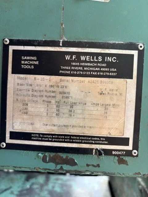 W. F. Wells Model B-25-2 Band Saw, 10 HP, 25.5" Cutting Capacity, Hydraulic Clamping - HORIZONTAL BAND SAWS