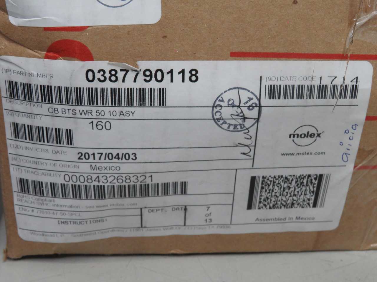 LOT OF 150 MOLEX 0387790118 CONN BARRIER STRP 10CIRC 0.375"	
 T153085 - TERMINAL BLOCKS