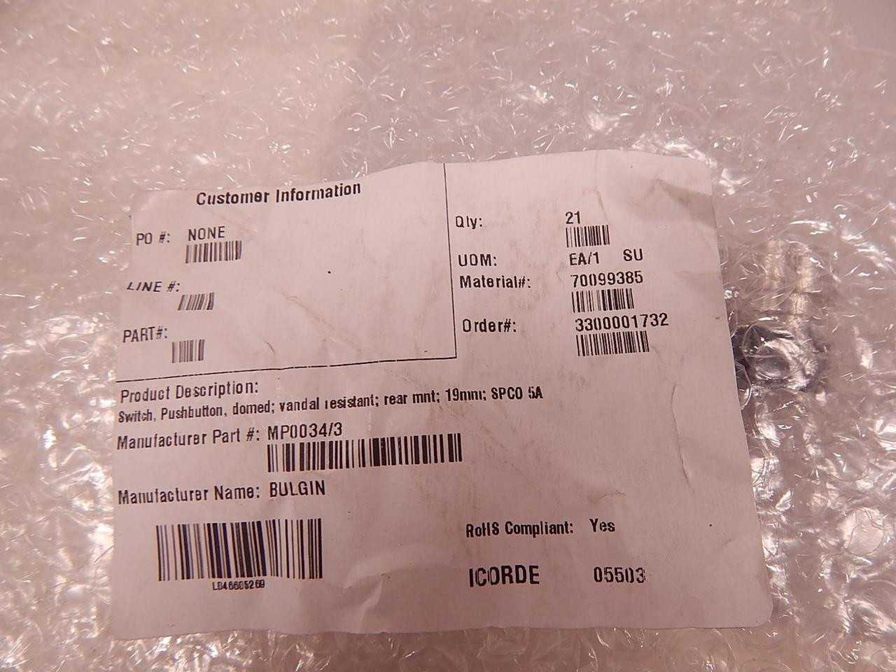 Lot Of 21 Bulgin MP0034/3 Push Button Switches T73757 - SWITCHES