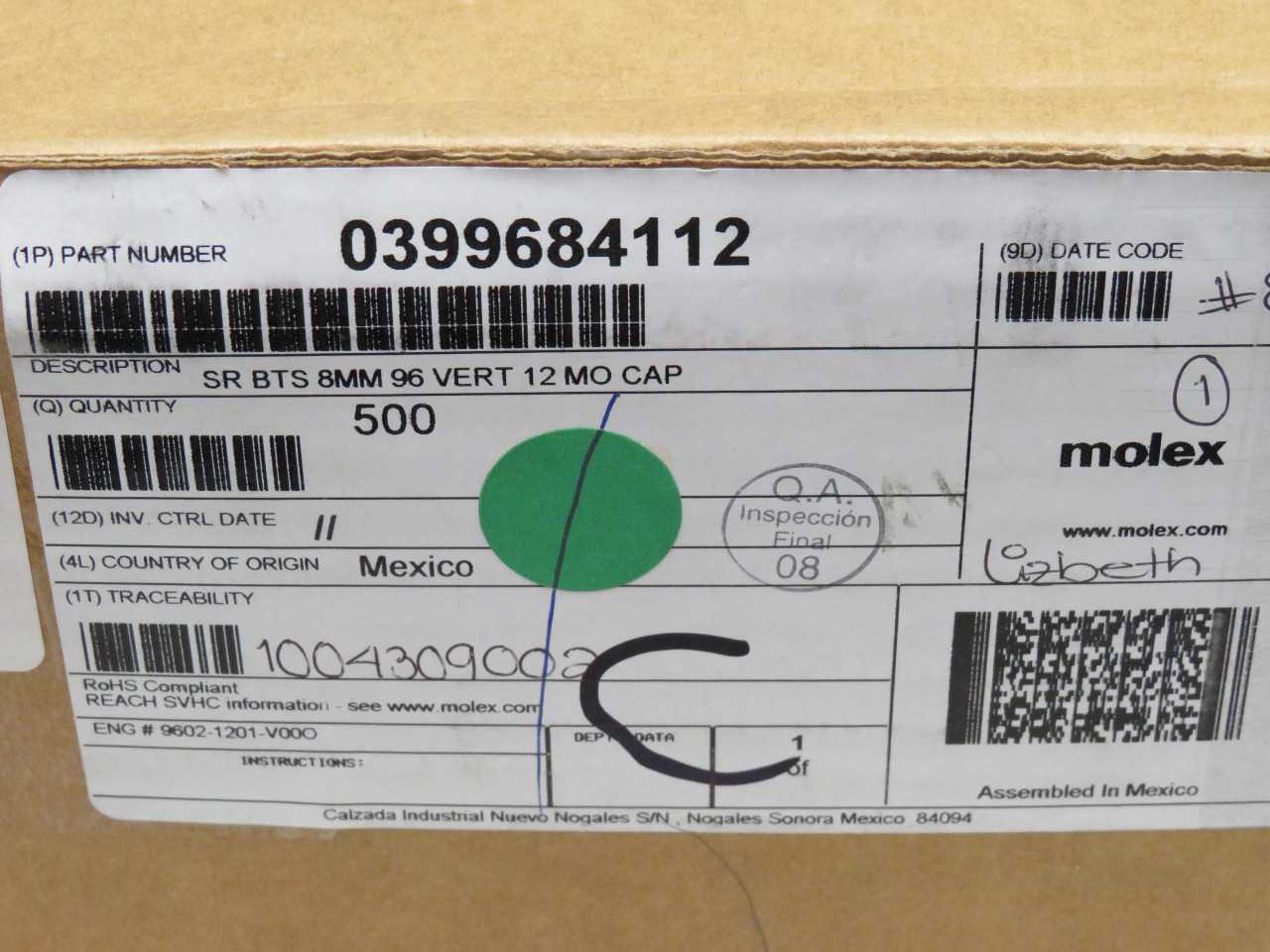 LOT OF 500 MOLEX 0399684112 SR BTS 8MM 96 VERTICAL 12 MO CAP TERMINAL BLOCKS T165305 - TERMINAL BLOCKS