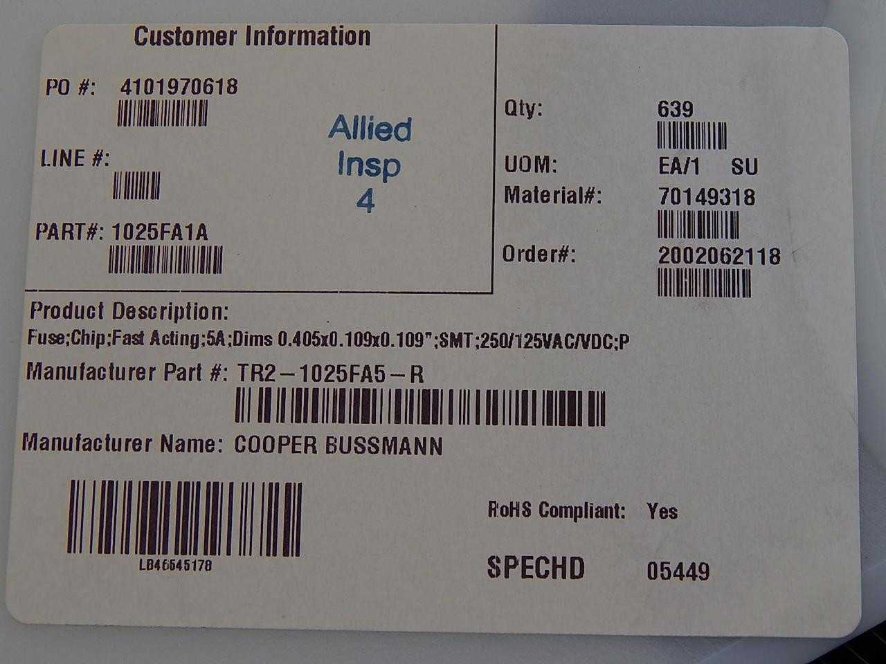 LOT OF 625 COOPER BUSSMANN TR2-1025FA5-R SURFACE MOUNT FUSES 250 VAC 125 VDC 5 A BRICK FUSE T88635 - FUSES