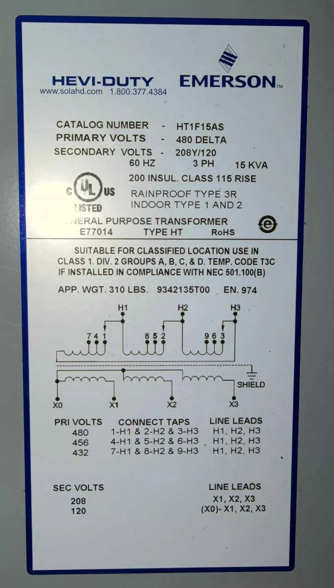 EMERSON HT1F15AS 15 KVA 3-PHASE TRANSFORMER, 480V - 208Y/120V - DRY TRANSFORMERS