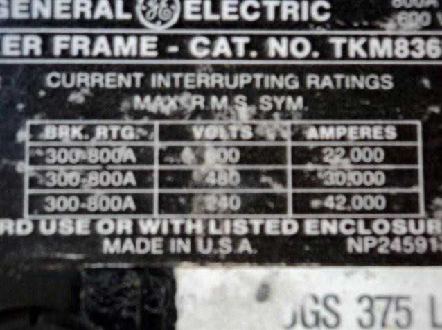 General Electric TKM836F000 Circuit Breaker 800A Max 600 VAC 3P W Switch - INDUSTRIAL PARTS