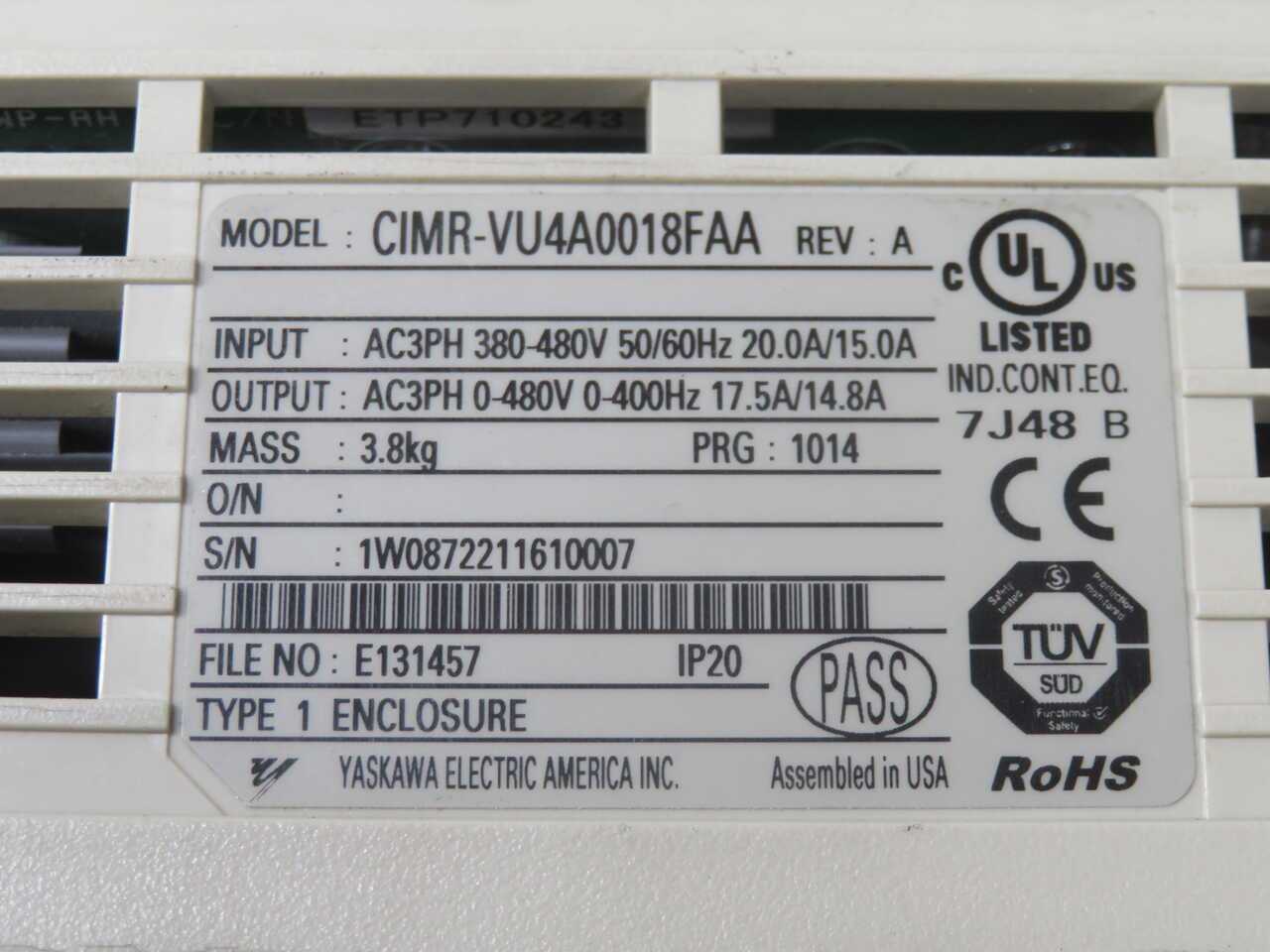 YASKAWA CIMR-VU4A0018FAA STANDARD DRIVE T270757 - AC VFD DRIVES
