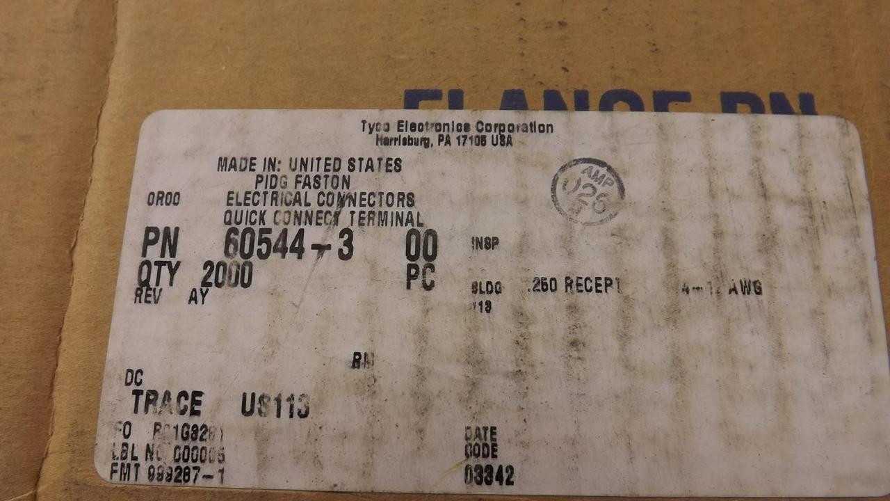 REEL OF 2000 TYCO 60544-3 ELECTRONICS RECEPTACLE FASTON TAB 250 SERIES T21722 - ELECTRICAL RECEPTACLES