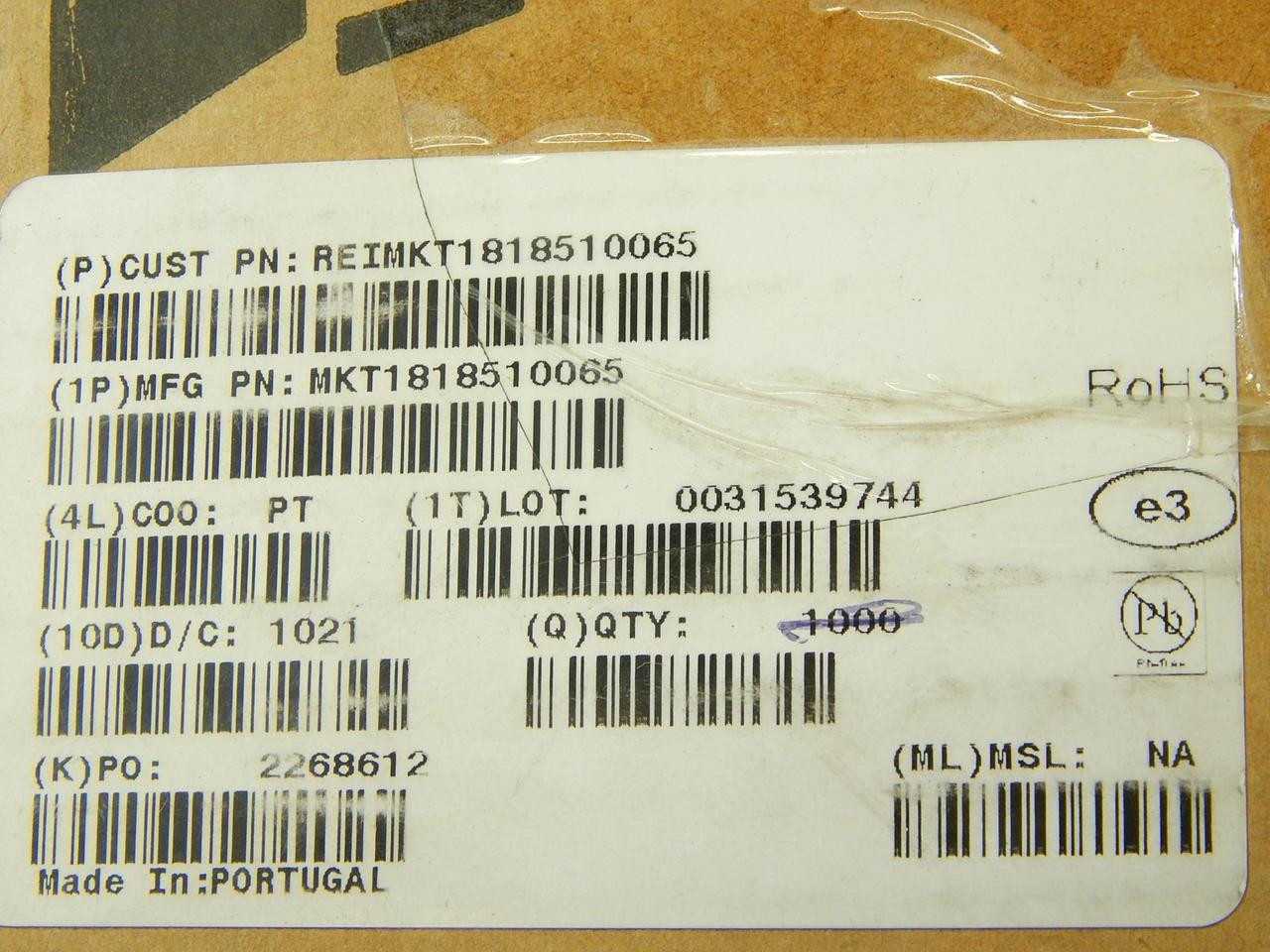 LOT OF 626 VISHAY MKT1818F1021 REIMKT1818510065 MKT1818510065 FILM CAPACITORS 1UF 63V 10% T94912 - ELECTRICAL COMPONENTS