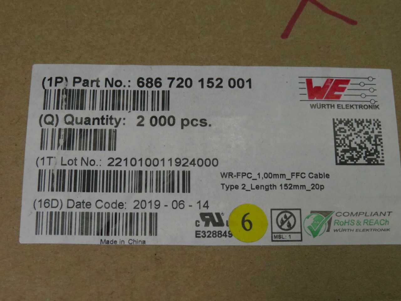 LOT OF 2000 WURTH ELECTRONICK 686720152001 FFC / FPC JUMPER CABLES WR-FFC 1MM TYPE 2 20P 152MM LENGT - CORDSET CABLES