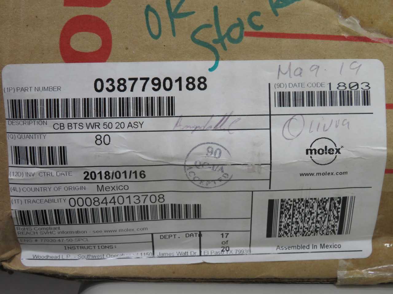 LOT OF 80 MOLEX 0387790188 TERMINAL BLOCKS CB BTS WR 50 20 ASY CB BTS WR 50 20 ASY T153061 - TERMINAL BLOCKS