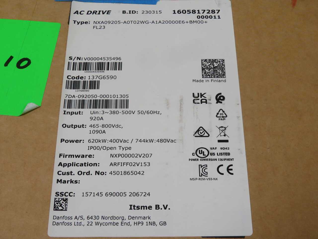 DANFOSS NXA09205-A0T02WG-A1A20000E6+BM00+FL23 DRIVE ASSY - AC VFD DRIVES